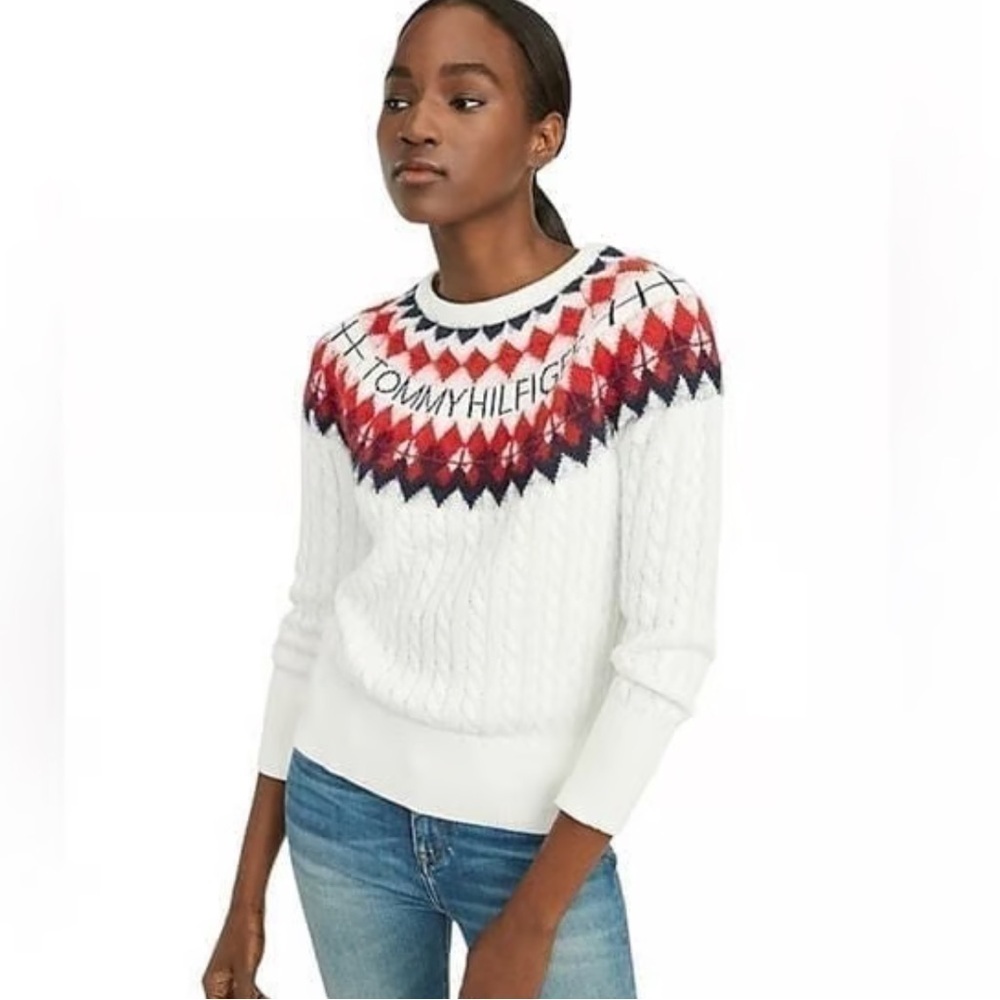 Womens Tommy Hilfiger Fair Isle Cable Knit Ski Sweater White Red Logo Size Large